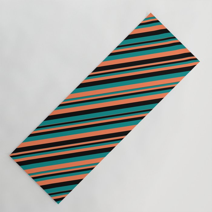 Black, Dark Cyan & Coral Colored Striped Pattern Yoga Mat