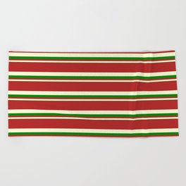 [ Thumbnail: Red, Light Yellow, and Green Colored Striped/Lined Pattern Beach Towel ]