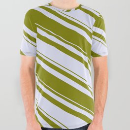 [ Thumbnail: Lavender & Green Colored Striped/Lined Pattern All Over Graphic Tee ]