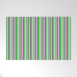 [ Thumbnail: Fuchsia, Lime, and Light Grey Colored Lined/Striped Pattern Welcome Mat ]
