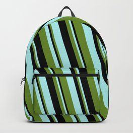 [ Thumbnail: Green, Black & Turquoise Colored Lines Pattern Backpack ]