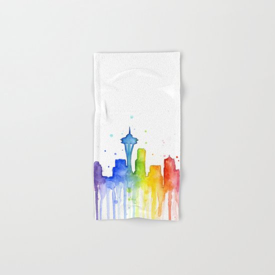 Seattle Skyline Rainbow Watercolor Hand & Bath Towel