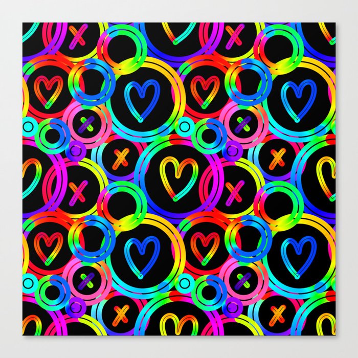 Funky neon rainbow gradient circles pattern with hearts and x shapes Canvas Print