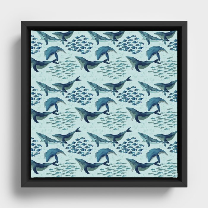  seamless pattern of whales and schools of fish in blue with gray colors Framed Canvas