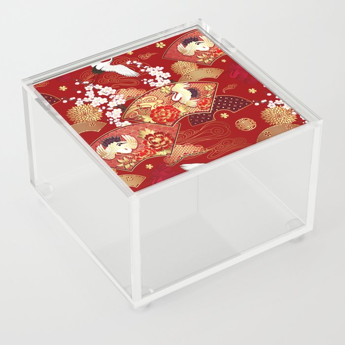Spring Japanese background with fans and cranes Acrylic Box