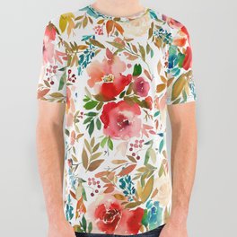 Red Turquoise Teal Floral Watercolor All Over Graphic Tee