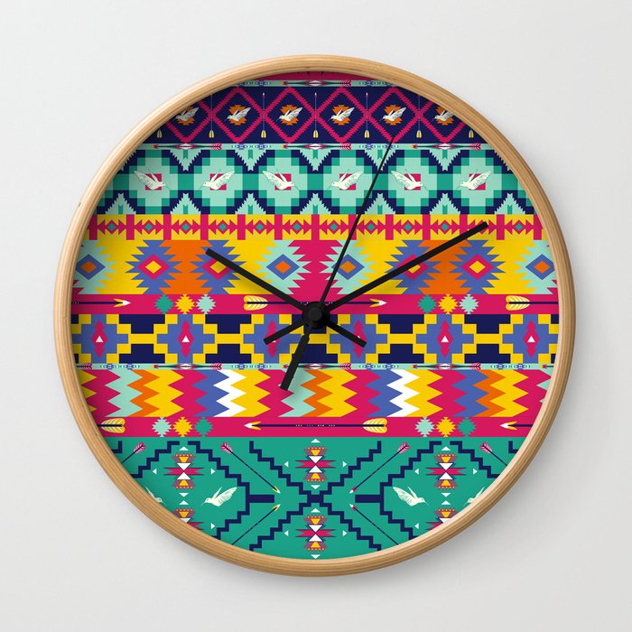 Seamless colorful aztec pattern with birds Wall Clock