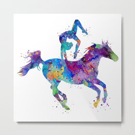 Woman Equestrian Vaulting Watercolor Metal Print