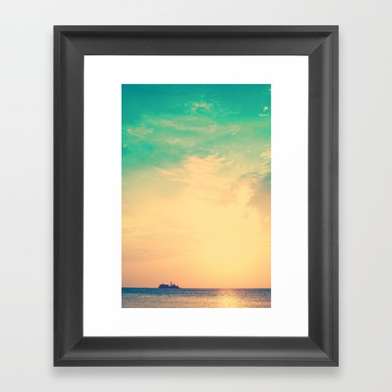 Ship in the beach on the sunset, and vintage turquoise sky Framed Art Print