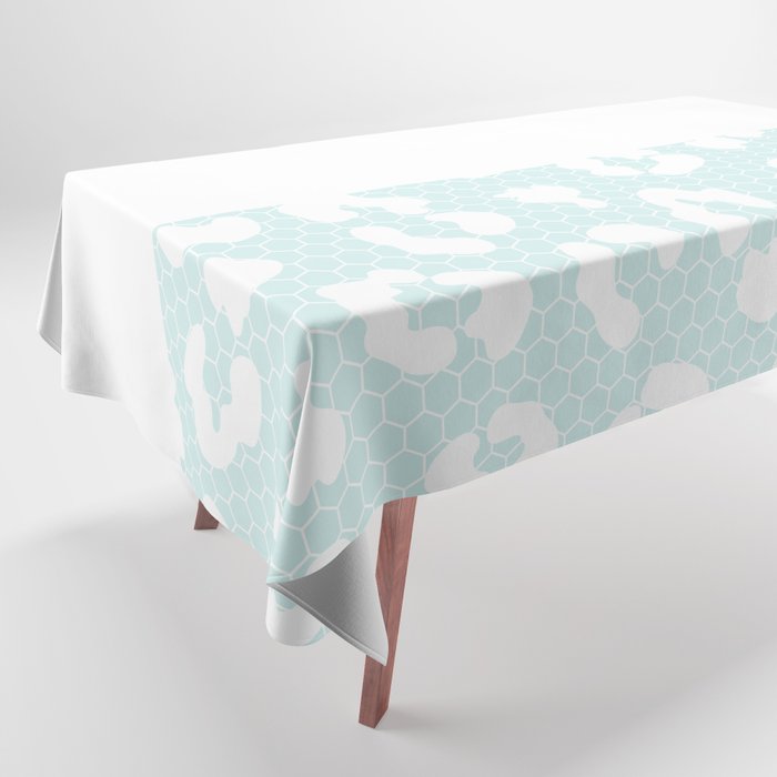 White Leopard Print Lace Horizontal Split on Pastel Sky Blue Tablecloth