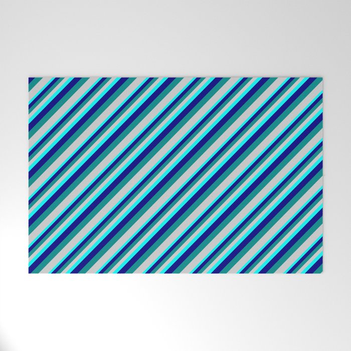 Aqua, Blue, Dark Cyan, and Light Gray Colored Lined/Striped Pattern Welcome Mat