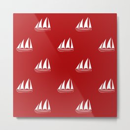 White Sailboat Pattern on red background Metal Print | Travel, Repeat, Marine, Sailboat, Sea, White, Simple, Boat, Summer, Yacht 