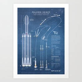 SpaceX Falcon Heavy Spacecraft NASA Rocket Blueprint in High Resolution (light blue) Art Print