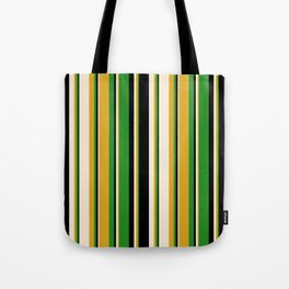 [ Thumbnail: Goldenrod, Beige, Black & Forest Green Colored Striped Pattern Tote Bag ]