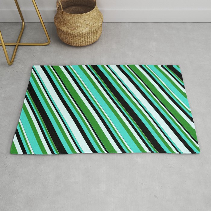 Turquoise, Black, Light Cyan, and Forest Green Colored Stripes Pattern Rug