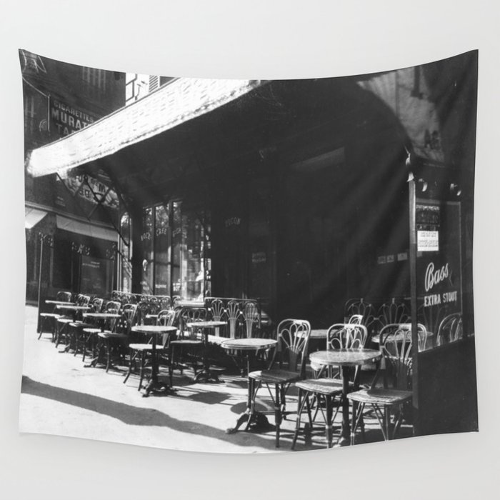 Paris Café, Avenue de la Grande-Armée roaring twenties black and white photograph Wall Tapestry