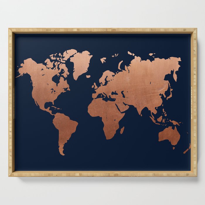 World map navy blue and copper Serving Tray