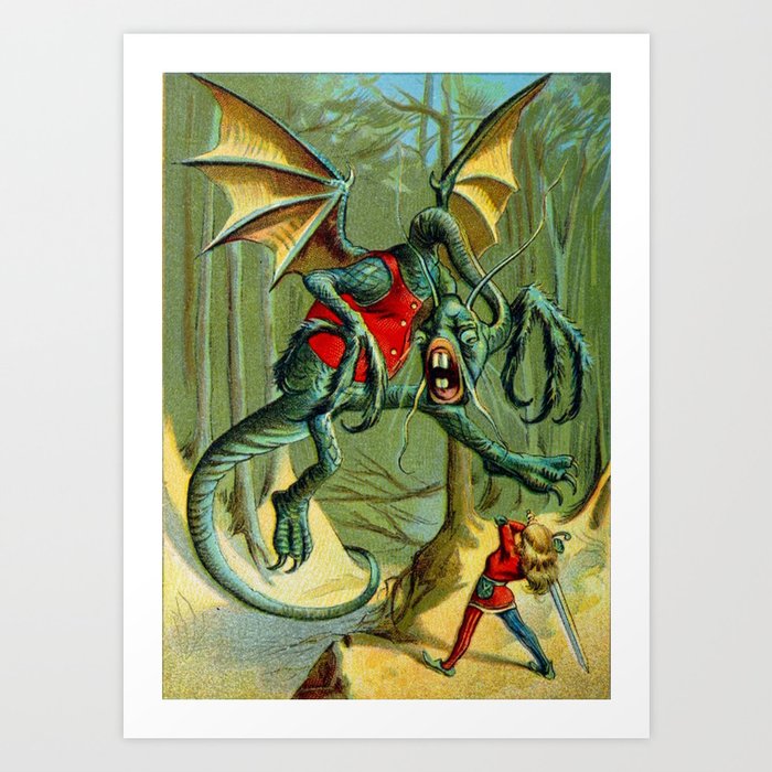 Alice and The Jabberwock in Color From Through The Looking Glass  Art Print