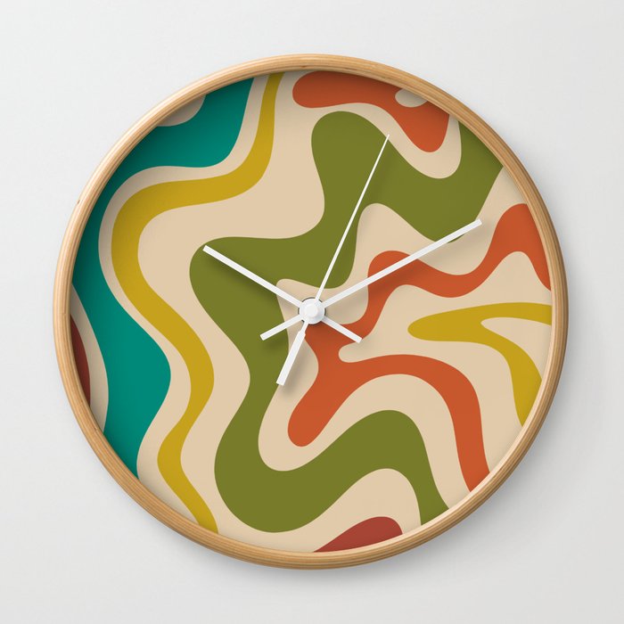Liquid Swirl Retro Abstract Pattern in Mid Mod Colours on Beige Wall Clock