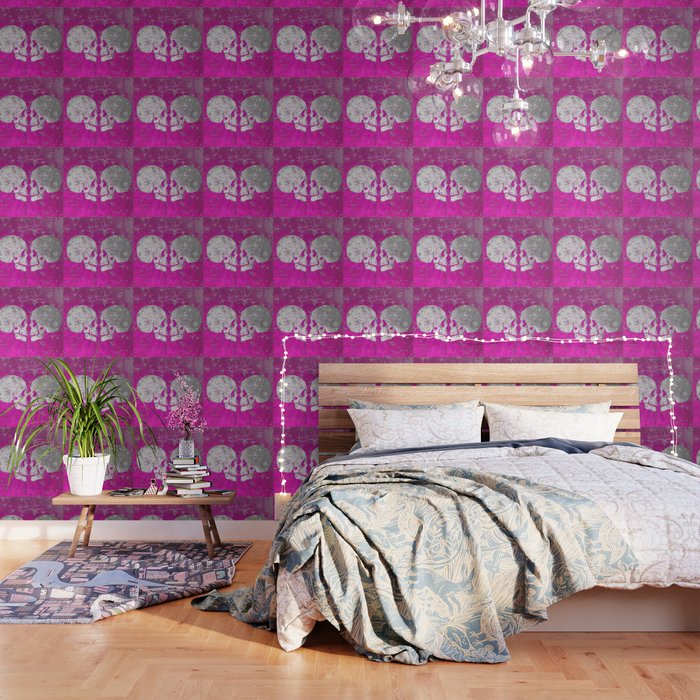 Pink Metallic Love Skulls Texture Print Wallpaper By