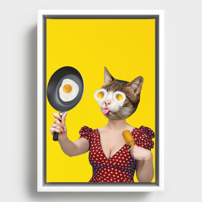 Sunny side up, cat, lady, eggs collage Framed Canvas