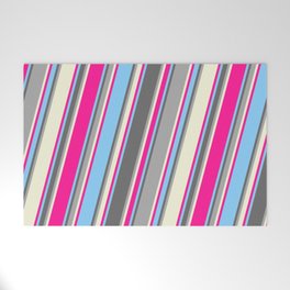 [ Thumbnail: Colorful Light Sky Blue, Dim Grey, Dark Grey, Beige, and Deep Pink Colored Pattern of Stripes Welcome Mat ]