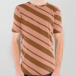 [ Thumbnail: Dark Salmon & Brown Colored Lined Pattern All Over Graphic Tee ]