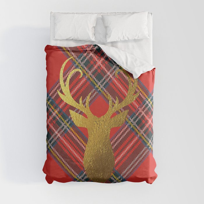 Gold Stag Head On Red Tartan Duvet Cover