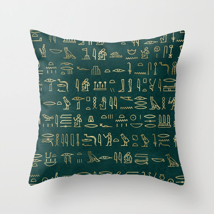 Ancient Egyptian Hieroglyphic-Hieratic - Gold & Green Throw Pillow