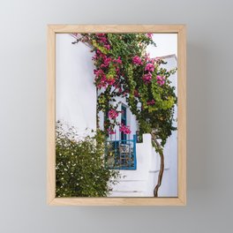Traditional Greek Street Scenery | Blue Door and Pink Flowers | Island Life | Travel Photography in Europe Framed Mini Art Print