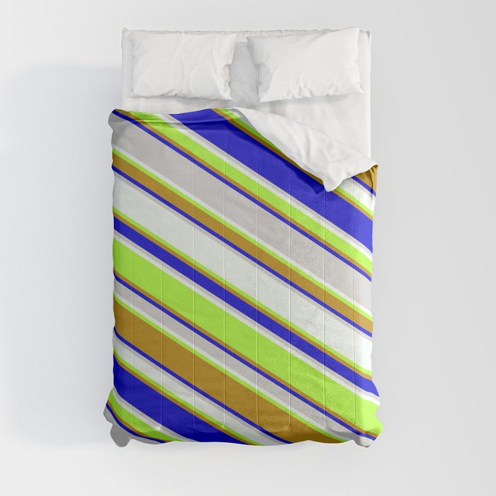 Colorful Light Gray, Mint Cream, Light Green, Dark Goldenrod, and Blue Colored Striped/Lined Pattern Comforter