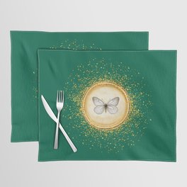 Hand-Drawn Butterfly Gold Circle Pendant on Empire Green Placemat