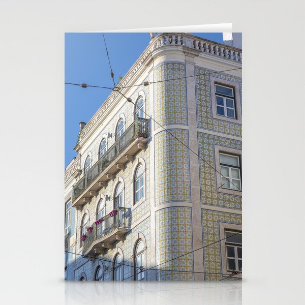 Round corner building in Lisbon, Portugal - green and yellow azulejos - summer street and travel photography Stationery Cards