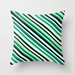 [ Thumbnail: Green, White, Dark Cyan & Black Colored Striped/Lined Pattern Throw Pillow ]