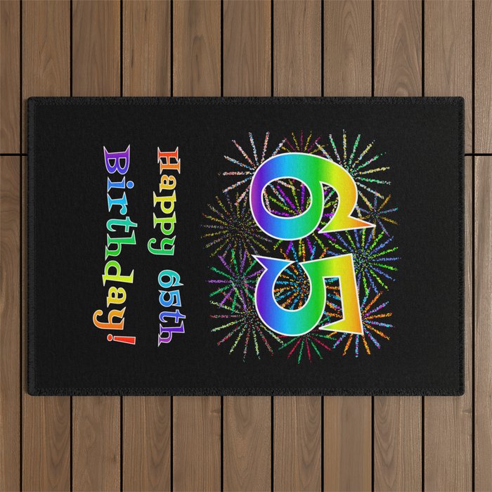 65th Birthday - Fun Rainbow Spectrum Gradient Pattern Text, Bursting Fireworks Inspired Background Outdoor Rug