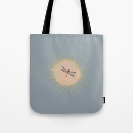 Sketched Dragonfly and Gold Circle Frame on Greenish Gray Tote Bag