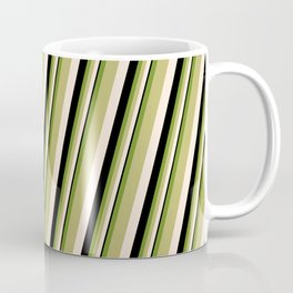 [ Thumbnail: Green, Dark Khaki, Beige & Black Colored Stripes/Lines Pattern Coffee Mug ]
