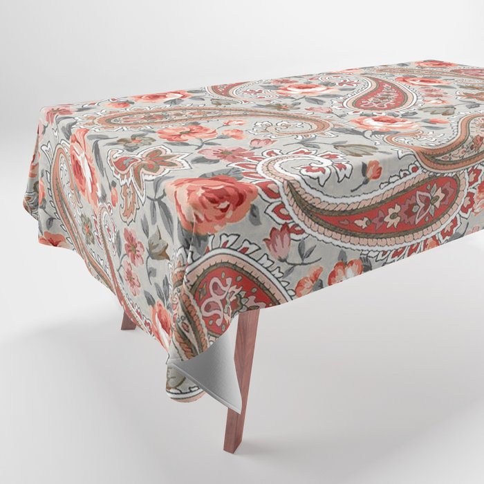 Gray Red Rose Floral Paisley Tablecloth