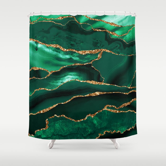 Green Malachite Marble With Gold Glitter Veins Shower Curtain