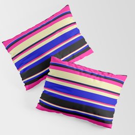 [ Thumbnail: Deep Pink, Pale Goldenrod, Blue, and Black Colored Striped/Lined Pattern Pillow Sham ]