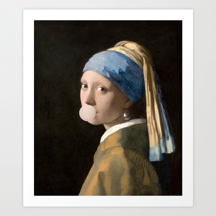 Girl with bubblegum and earring Art Print