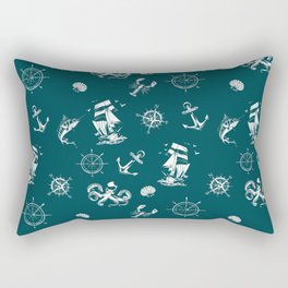 Teal Blue And White Silhouettes Of Vintage Nautical Pattern Rectangular Pillow