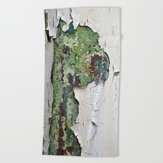 white green paint rust metal texture pattern Beach Towel