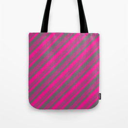 [ Thumbnail: Deep Pink & Dim Grey Colored Lined Pattern Tote Bag ]