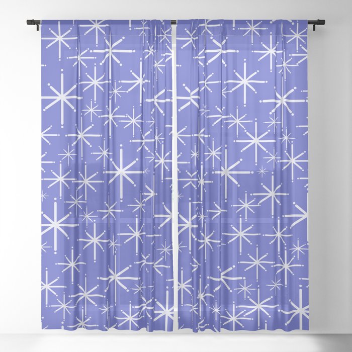 Mid Century Modern Twinkling Stars Retro Atomic Pattern in Blue Sheer Curtain