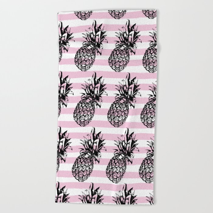 Pink Striped Pineapple Pattern Beach Towel