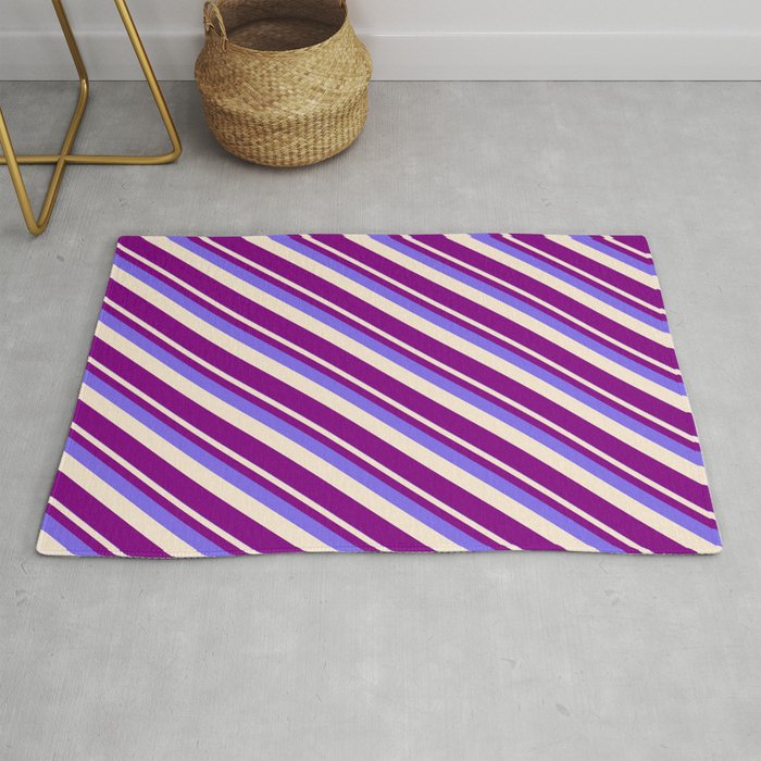 Medium Slate Blue, Beige & Purple Colored Stripes/Lines Pattern Rug
