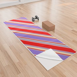 [ Thumbnail: Red, Grey, Purple & Beige Colored Stripes/Lines Pattern Yoga Towel ]