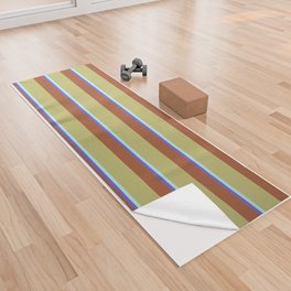 [ Thumbnail: Slate Blue, Sienna, Dark Khaki & Turquoise Colored Stripes Pattern Yoga Towel ]