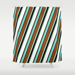 [ Thumbnail: Brown, Turquoise, White, and Black Colored Lines/Stripes Pattern Shower Curtain ]